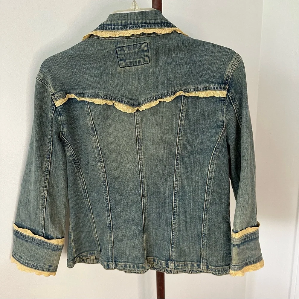 Live a Little 3/4 Sleeve Denim Jacket with Antiqued Lace Trim Size PM - Picture 2 of 6